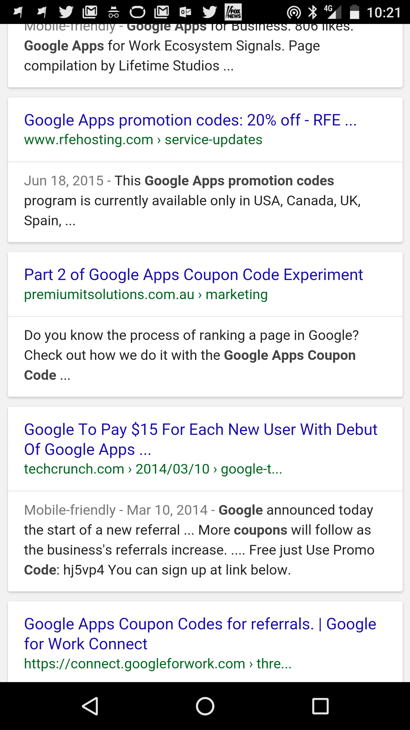SERP position 16 for Google Apps Coupon Code experimentSERP position 16 for Google Apps Coupon Code experiment on a Mobile Device